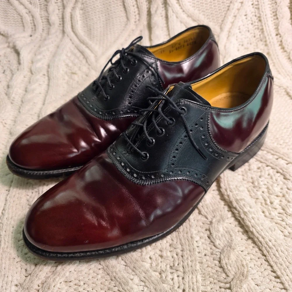 Johnston & Murphy Aristocraft Saddle Shoes Burgundy Black Leather Mens 11 E/C